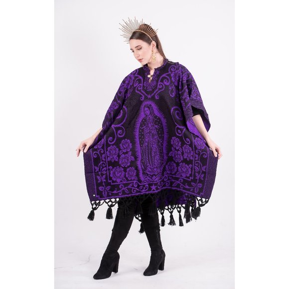Cielito Lindo Sweaters - Mexican Our Lady of Guadalupe Poncho Serape Purple